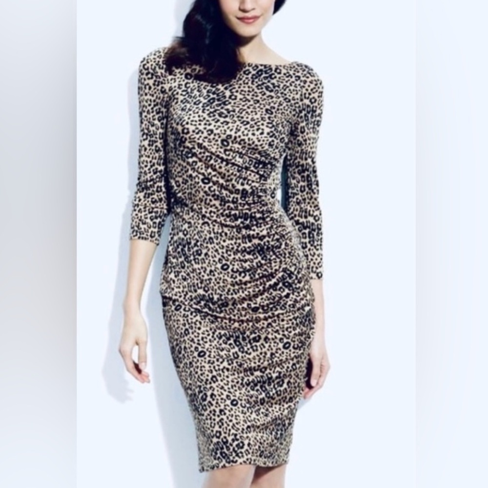 L.K. Bennett Silk Blend Leopard Print Ruched Dress S | 3/4 Sleeve Bodycon Midi